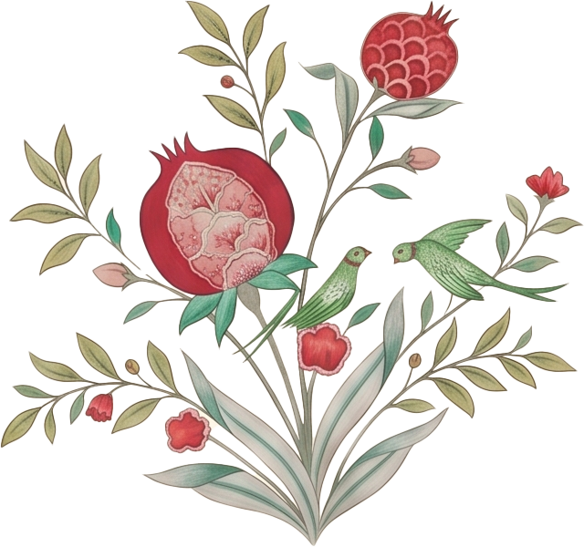 Pomegranate flowers and two green birds