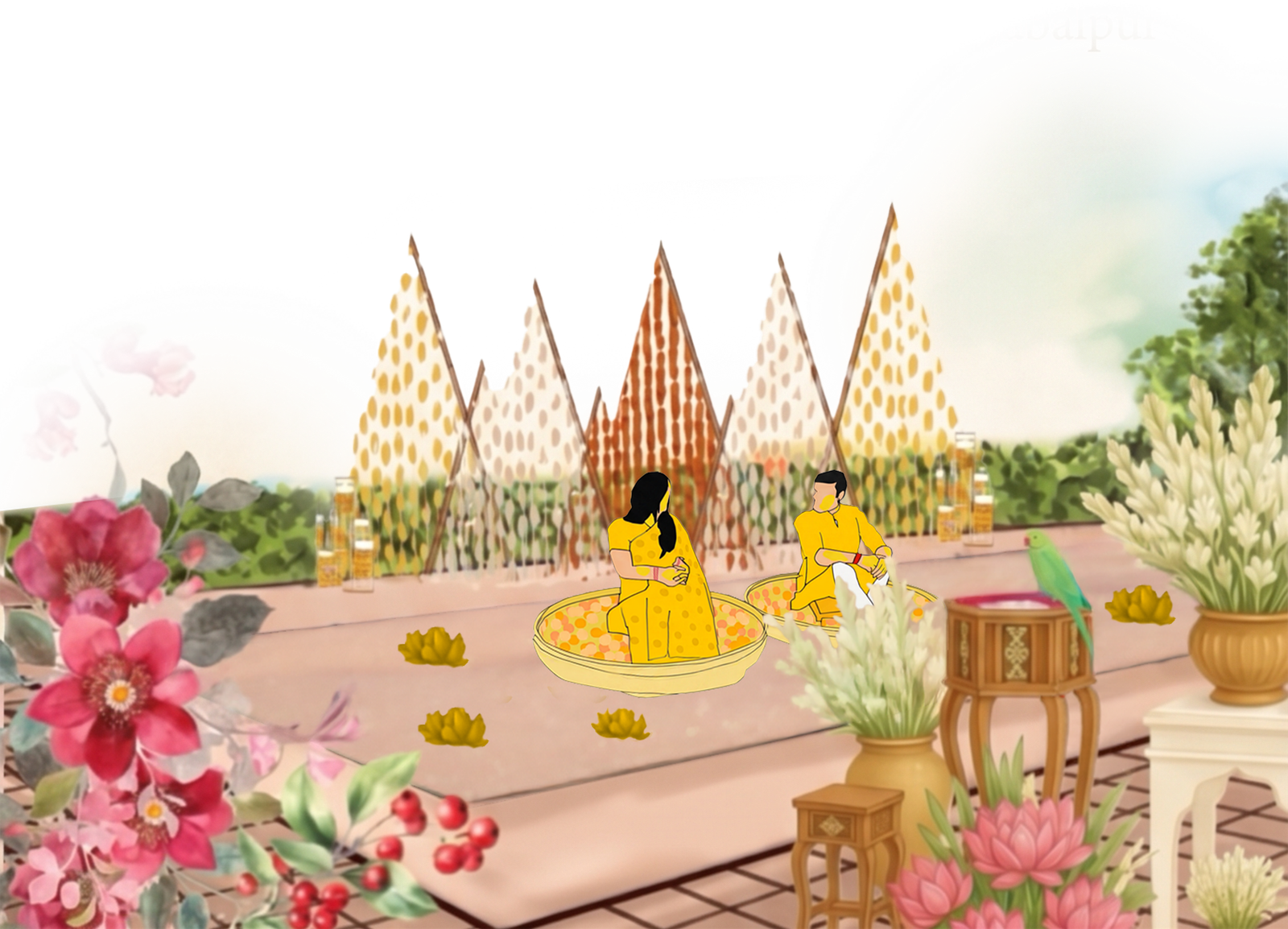 Haldi ceremony décor with marigolds and a couple dressed in yellow